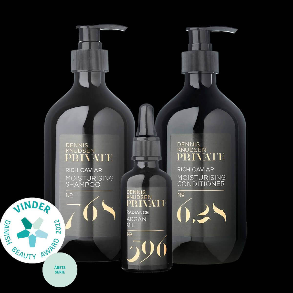 private moisterising pakekn hos Dennis Knudsen - vinder af beauty awarden 2022 og indeholder shampoo - conditioner og olie - DK